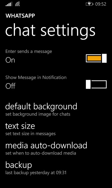 Zrzut ekranu ustawień czatu WhatsApp dla Windows Phone