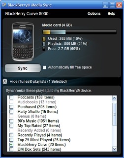 Zrzut ekranu BlackBerry Media Sync