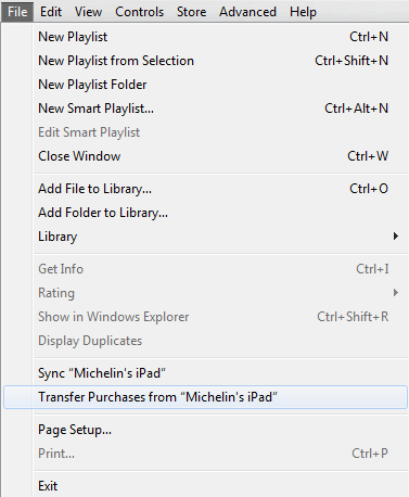 Menu plików Apple iTunes