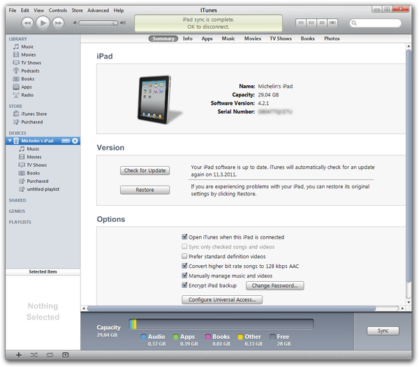 Apple iTunes správa zařízení okno