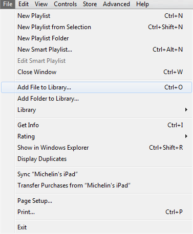 Menu File w Apple iTunes