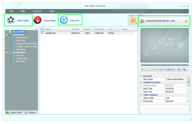Any Video Converter MKV to AVI conversion screenshot.