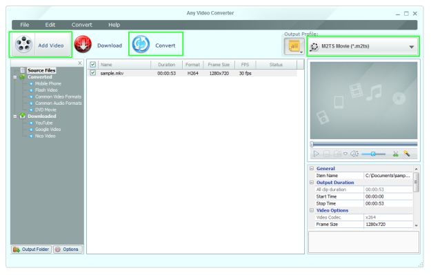 Capture d'écran de la conversion MKV en M2TS avec Any Video Converter.