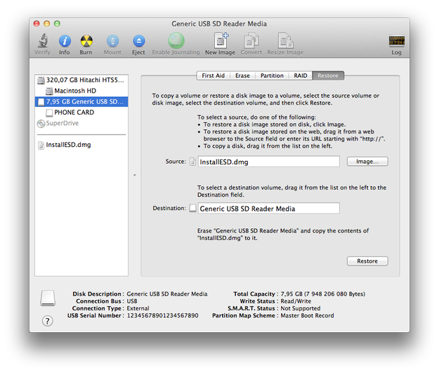 Utility Disco Apple, tutte le impostazioni per creare USB Lion completate