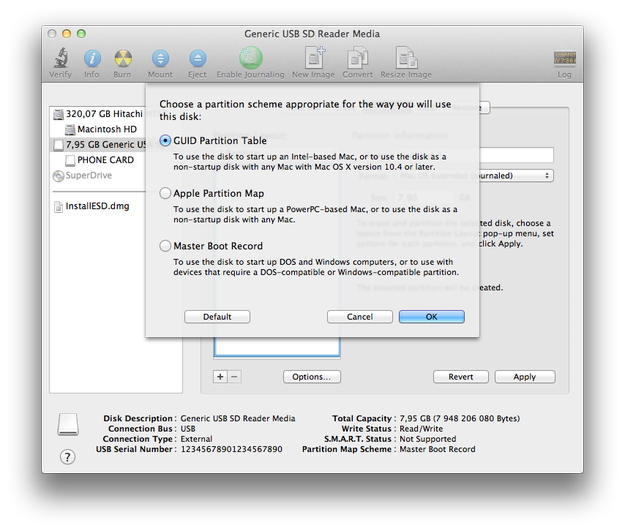 Opzioni partizione Utility Disco Apple