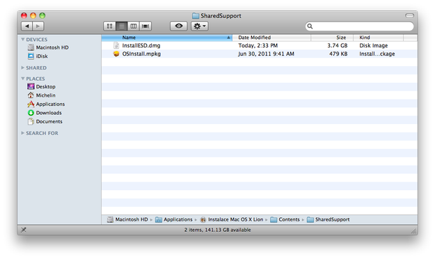 File InstallESD.dmg nell’applicazione di installazione Mac OS X Lion