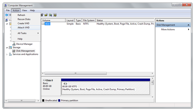 Windows Computer Management Action menu