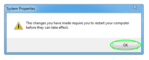 Janela de aviso do Windows lembrando o usuário que as alterações serão aplicadas após reinicialização.