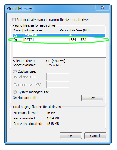 Localização e configurações do arquivo pagefile.sys alteradas para outra partição.