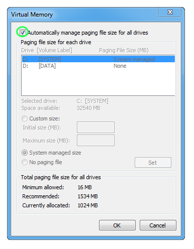 Revertendo as configurações de memória virtual para as configurações padrão gerenciadas automaticamente.