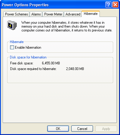 Właściwości opcji zasilania Windows XP hibernacja wyłączona