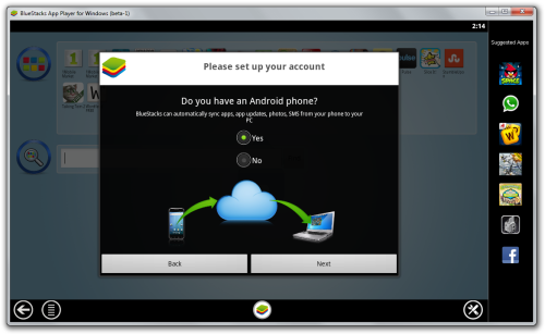Screenshot della finestra di sincronizzazione Android in BlueStacks App Player.