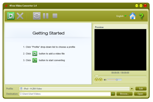 Zrzut ekranu startowego 4Free Video Converter dla Windows.