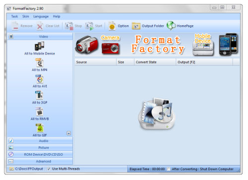 Zrzut ekranu startowego FormatFactory dla Windows.