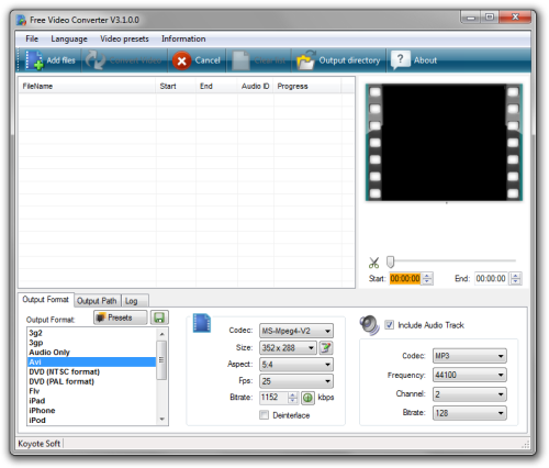 Zrzut ekranu startowego Koyote Free Video Converter dla Windows.
