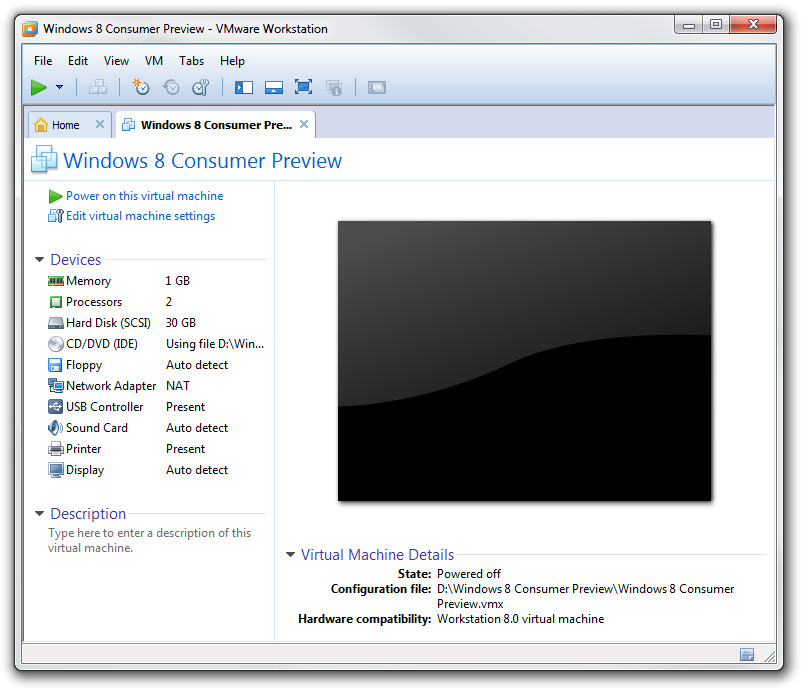 Windows 8 Consumer Preview virtuelle Maschine bereit zum Start.