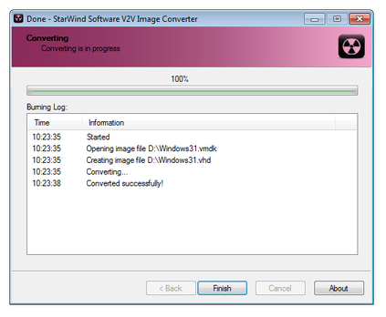Starwind Software V2V Image-Konverter Konvertierung abgeschlossen