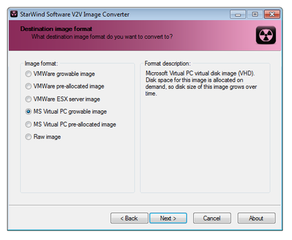 Starwind Software V2V Image-Konverter Format auswählen