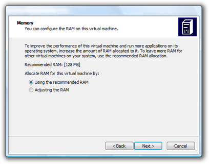 Microsoft Virtual PC Assistent Speichereinstellungen