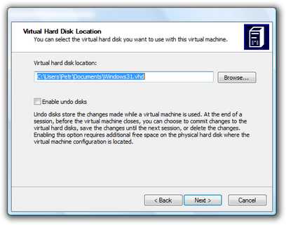 Microsoft Virtual PC Assistent Speicherort der virtuellen Festplatte