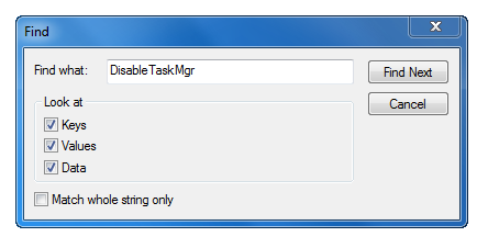 Mencari nilai kunci registry di Windows Registry Editor.