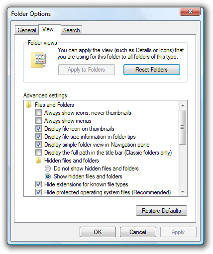 Opzioni cartella di Windows