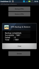 APN Backup Restore dokončené zálohování
