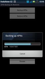 APN Backup Restore průběh zálohování