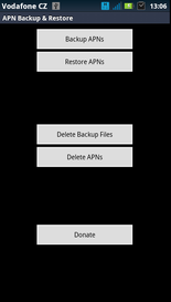 APN Backup Restore hlavní obrazovka