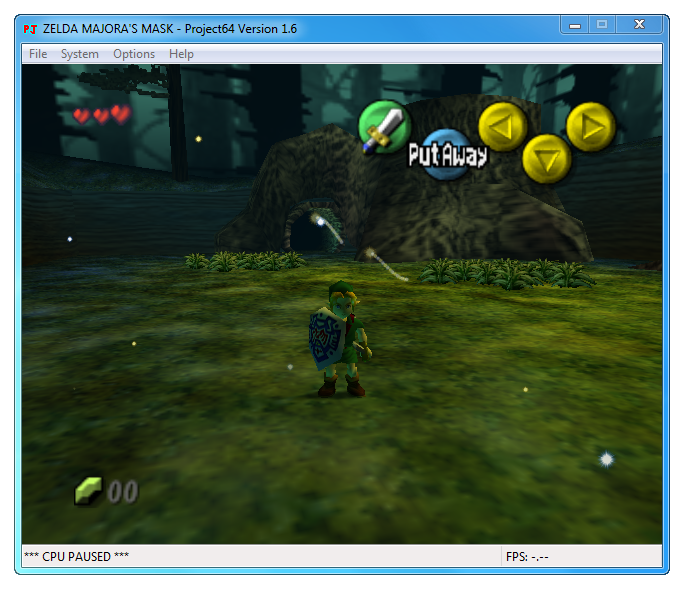 Game Zelda Majora's Mask Nintendo 64 yang di-emulasikan dengan program Project64.