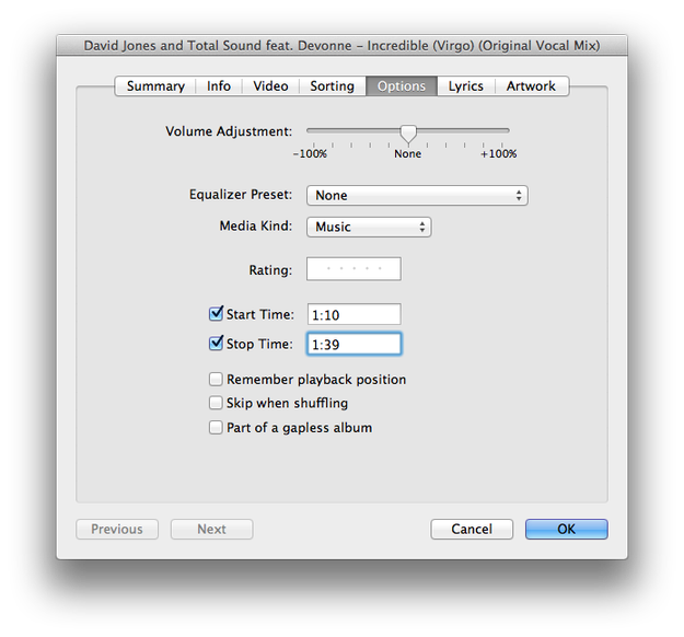Apple iTunes zakładka options w oknie get info