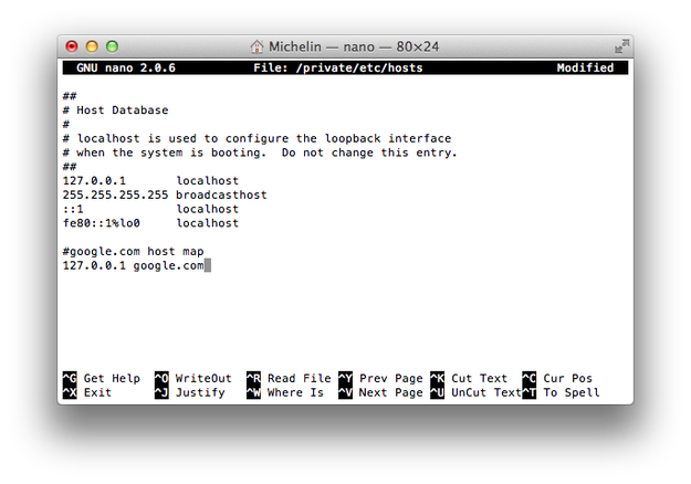 Apple Terminal GNU nano modifier hosts