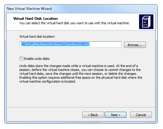 Virtual PC wizard hard disk location