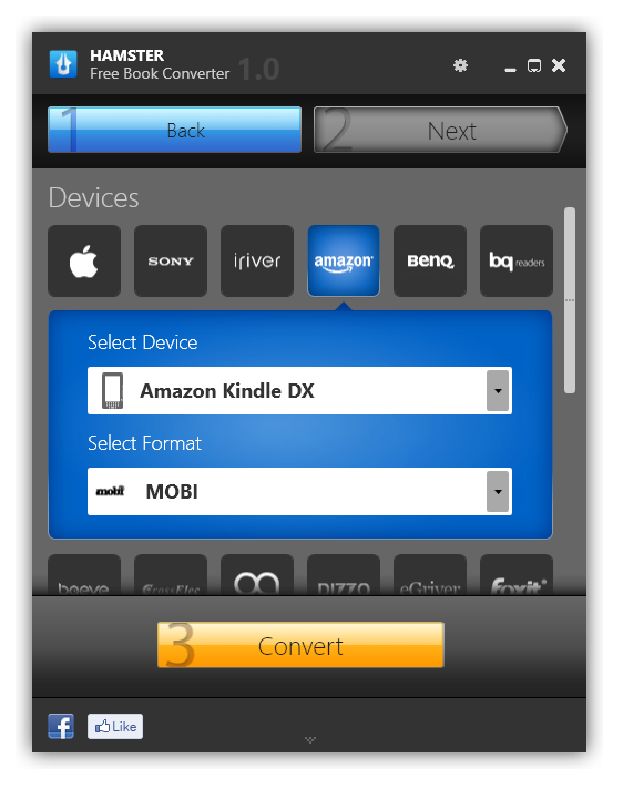 Hamster eBook Converter ausgewähltes Ausgabeformat für die Konvertierung.