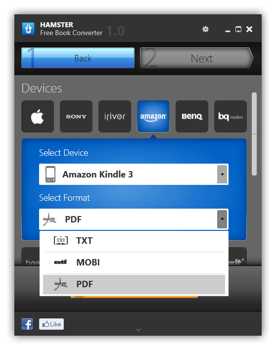 Hamster eBook Converter Auswahl des Ausgabe-eBook-Formats für die Konvertierung.