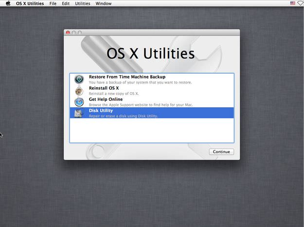 Główne menu OS X Utilities