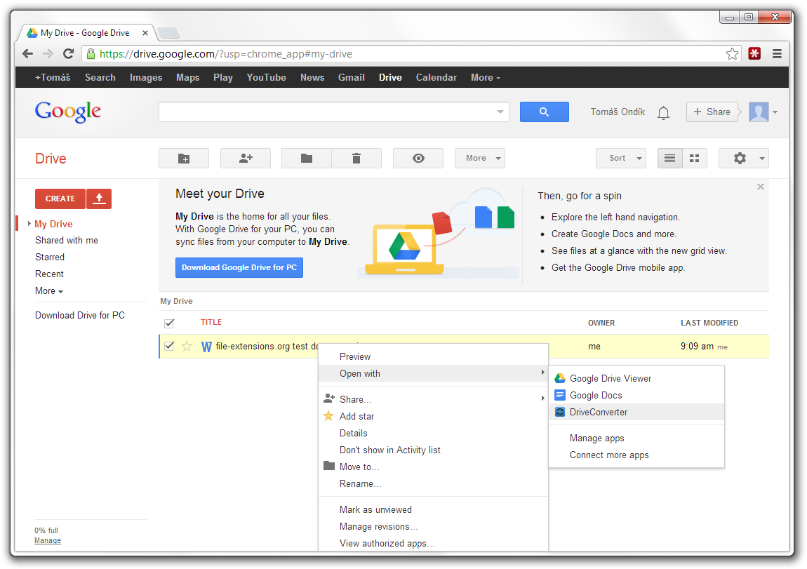 Convert files inside Google Drive - File-Extensions.org