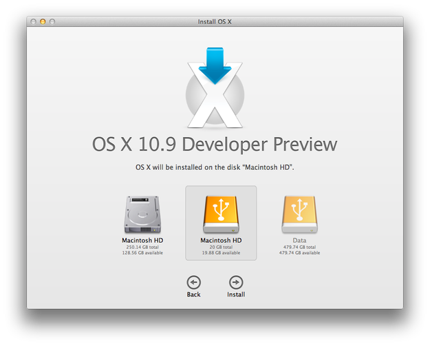 Apple Mac OS X Mavericks výběr instalačního oddílu