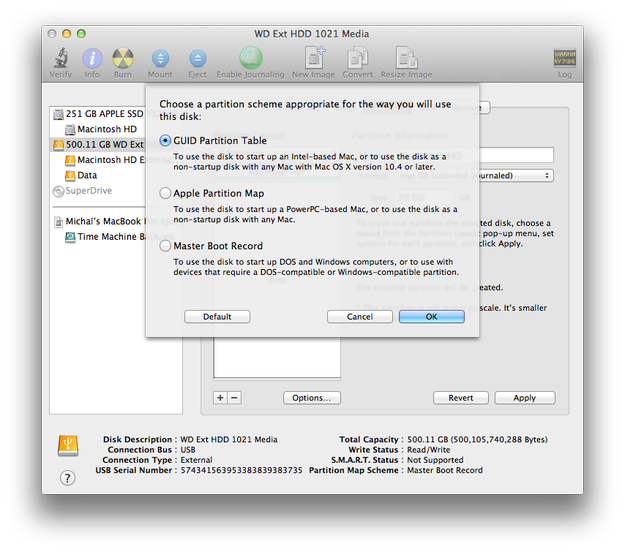 Apple Disk Utility nastavení schématu oddílů