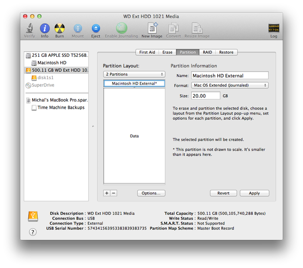 Apple Disk Utility nastavení oddílů