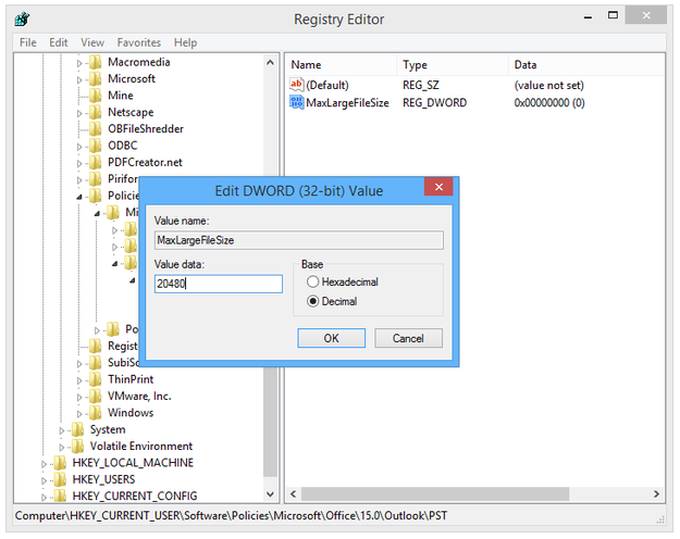 Regedit — tworzenie klucza maxlargefilesize