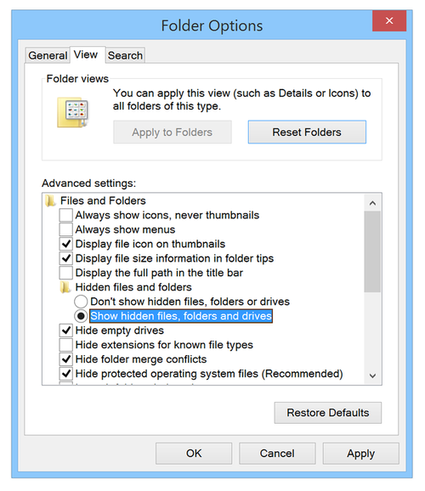 Opcje folderów Windows 8.1 pokazujące ukryte pliki