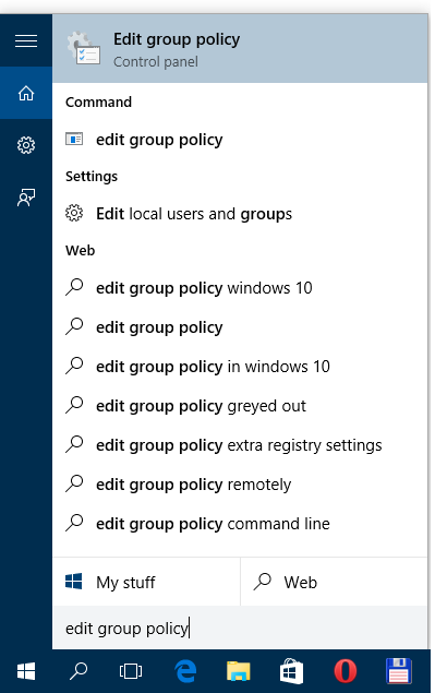 Pencarian Windows 10 untuk edit group policy