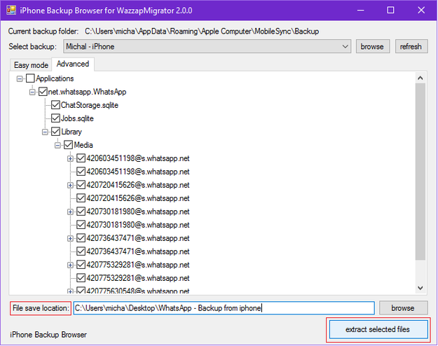 iPhone Backup Browser extrair conversas e mídia do WhatsApp