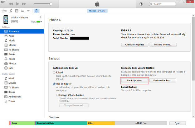 iTunes cria backup do iPhone