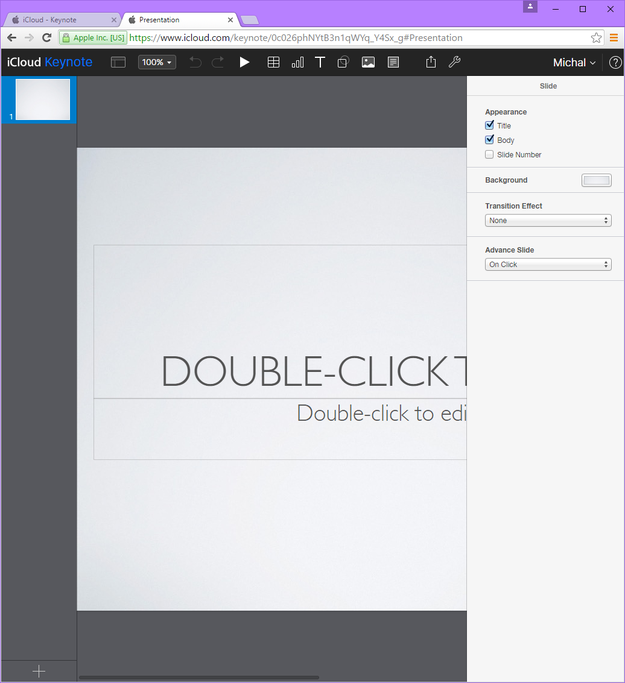 Documento vazio Keynote para iCloud