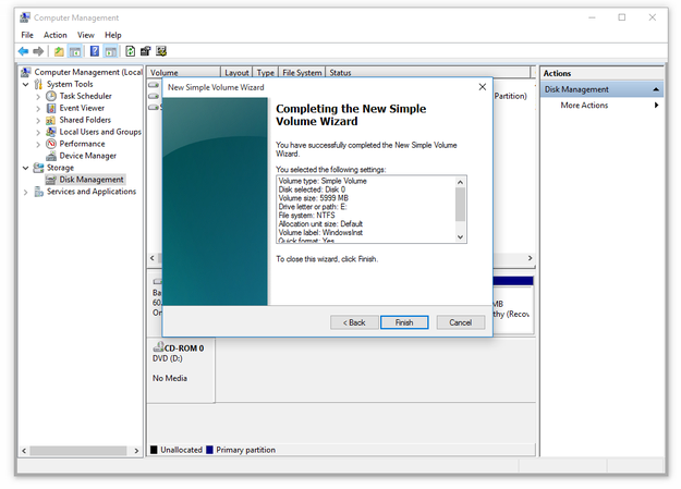 Administración de equipos para Windows asistente de volumen