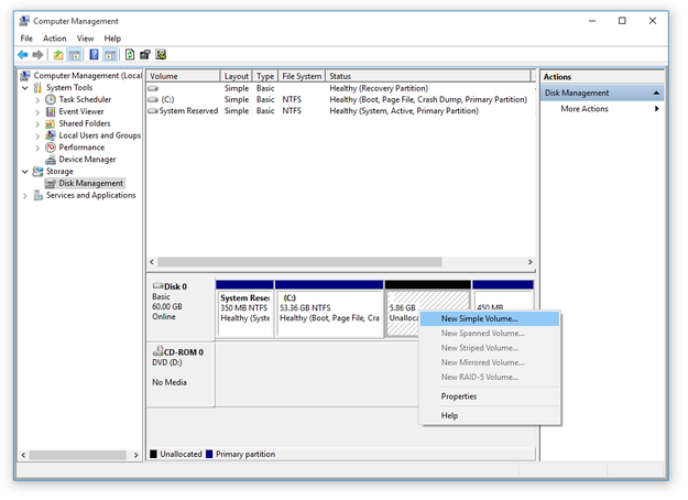 Administración de equipos para Windows nuevo volumen simple