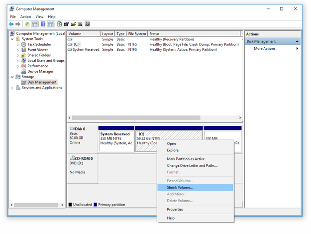 Administración de equipos para Windows opción reducir