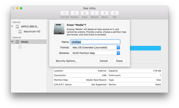 Apple Disk Utility siapkan drive USB